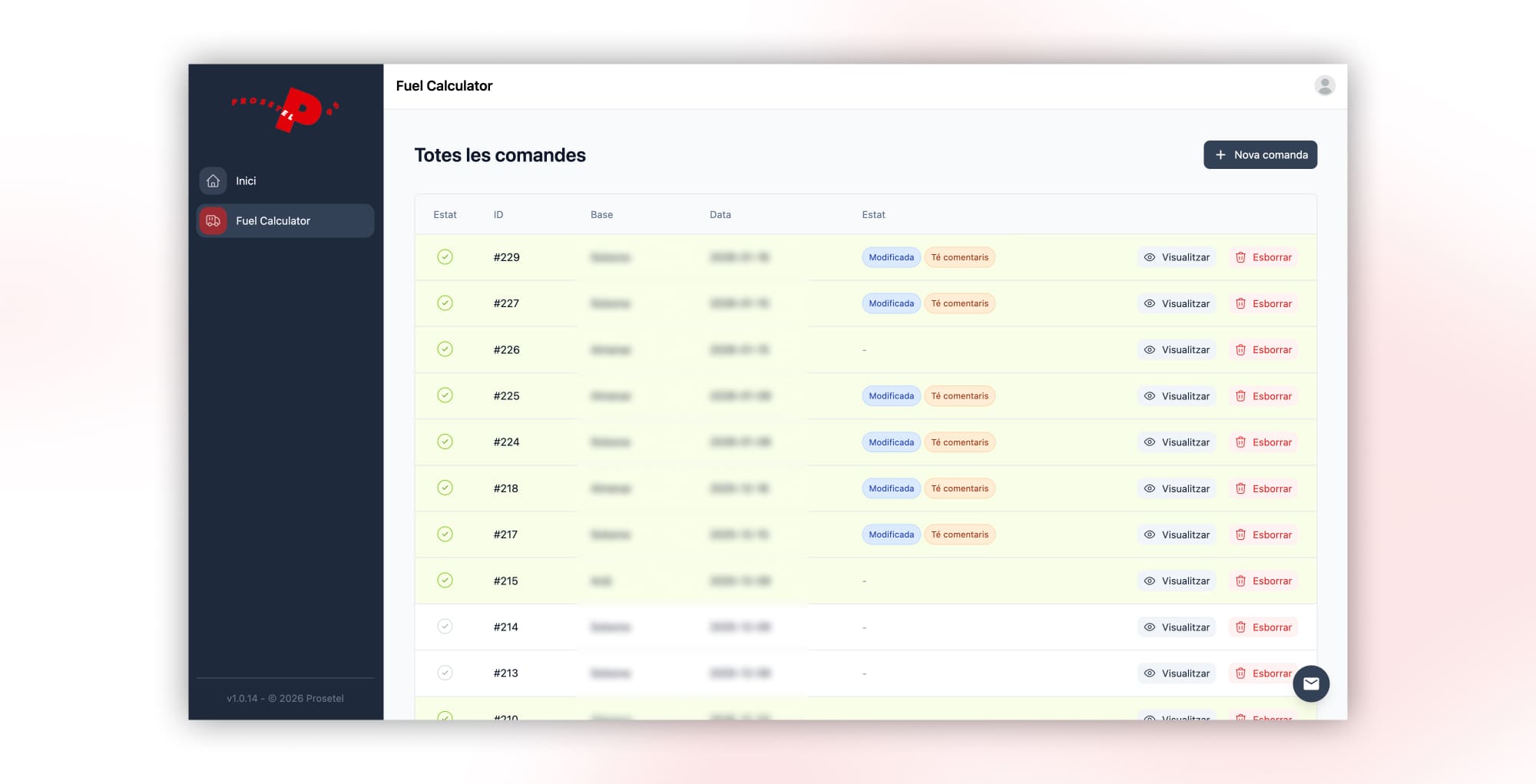 Pantalla de planificació de compres de Prosetel
